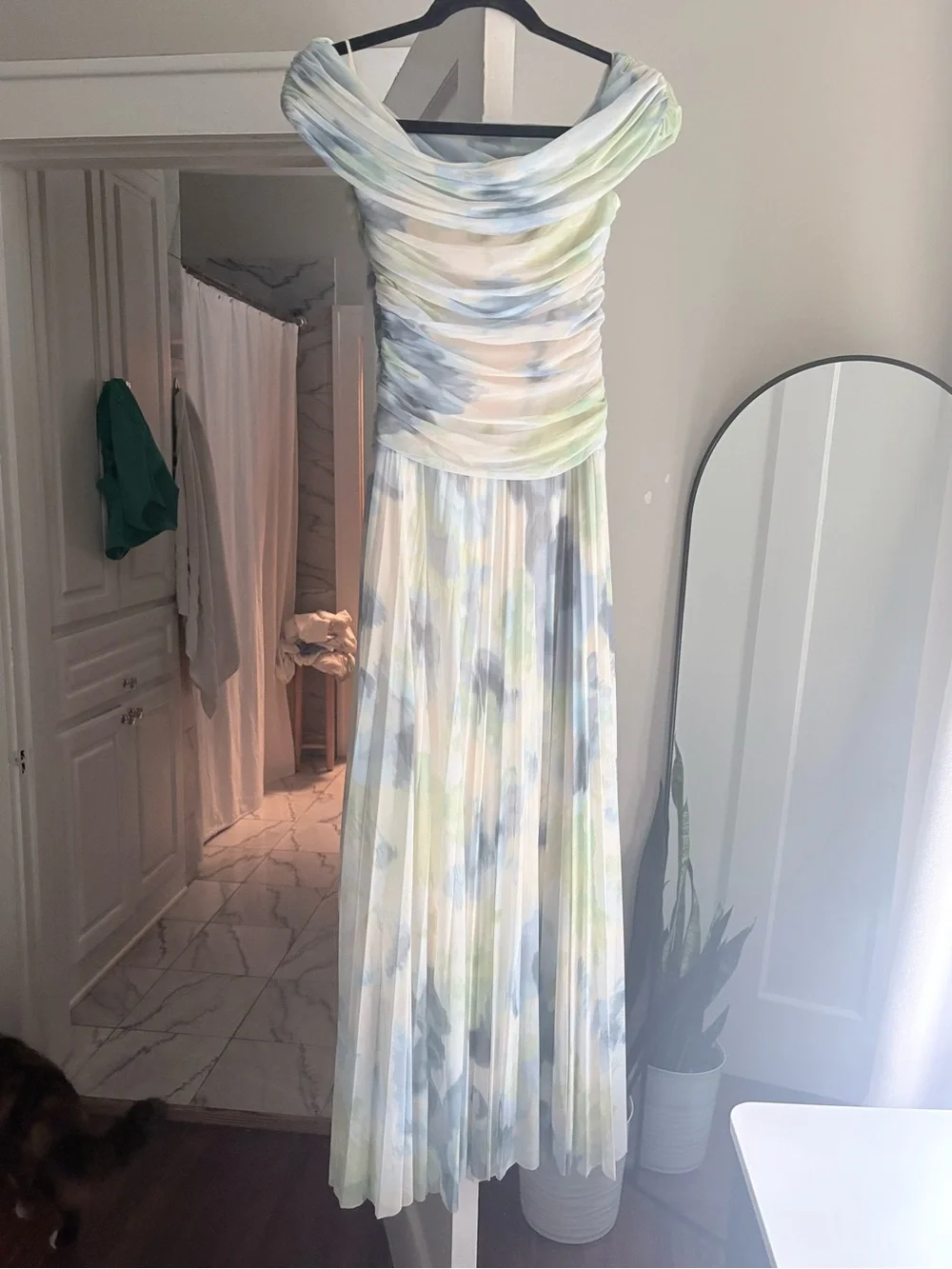 Abercrombie & Fitch Off-Shoulder Maxi Dress in Pastel Blue, Green, Cream - Picture 2 of 6